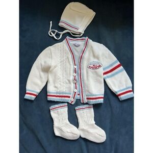 Vtg Football Knit Sweater Varsity Stripes Set Cardigan Size 6-12m Doe Spun EUC
